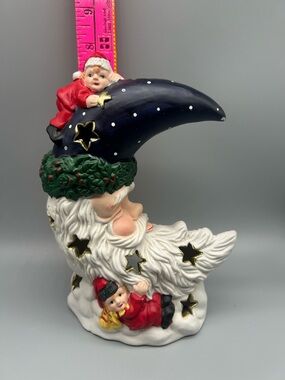 Holiday Santa Moon Figurine with Elf Accents - White, Red, Green, Navy